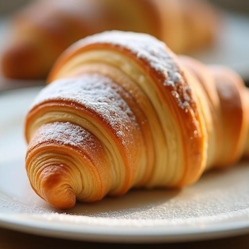 Cornetto artigianale sfogliato con zucchero a velo.