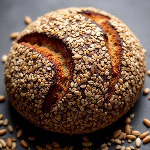 Pane multicereali scuro con semi in superficie.